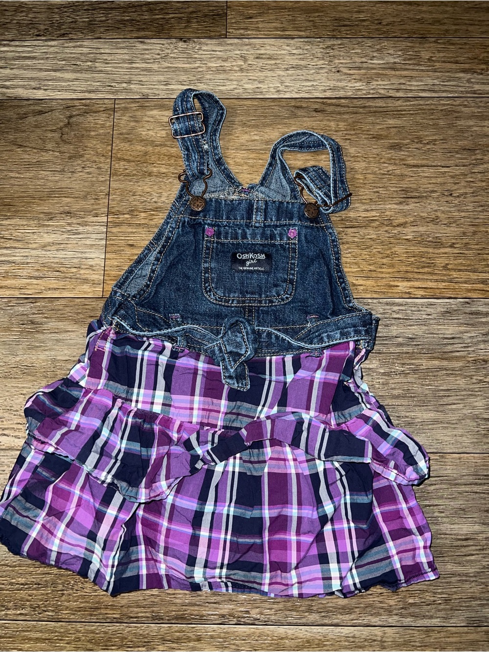 Y2K OshKosh B'gosh Denim Overall Dress with Purple Plaid Ruffle Skirt